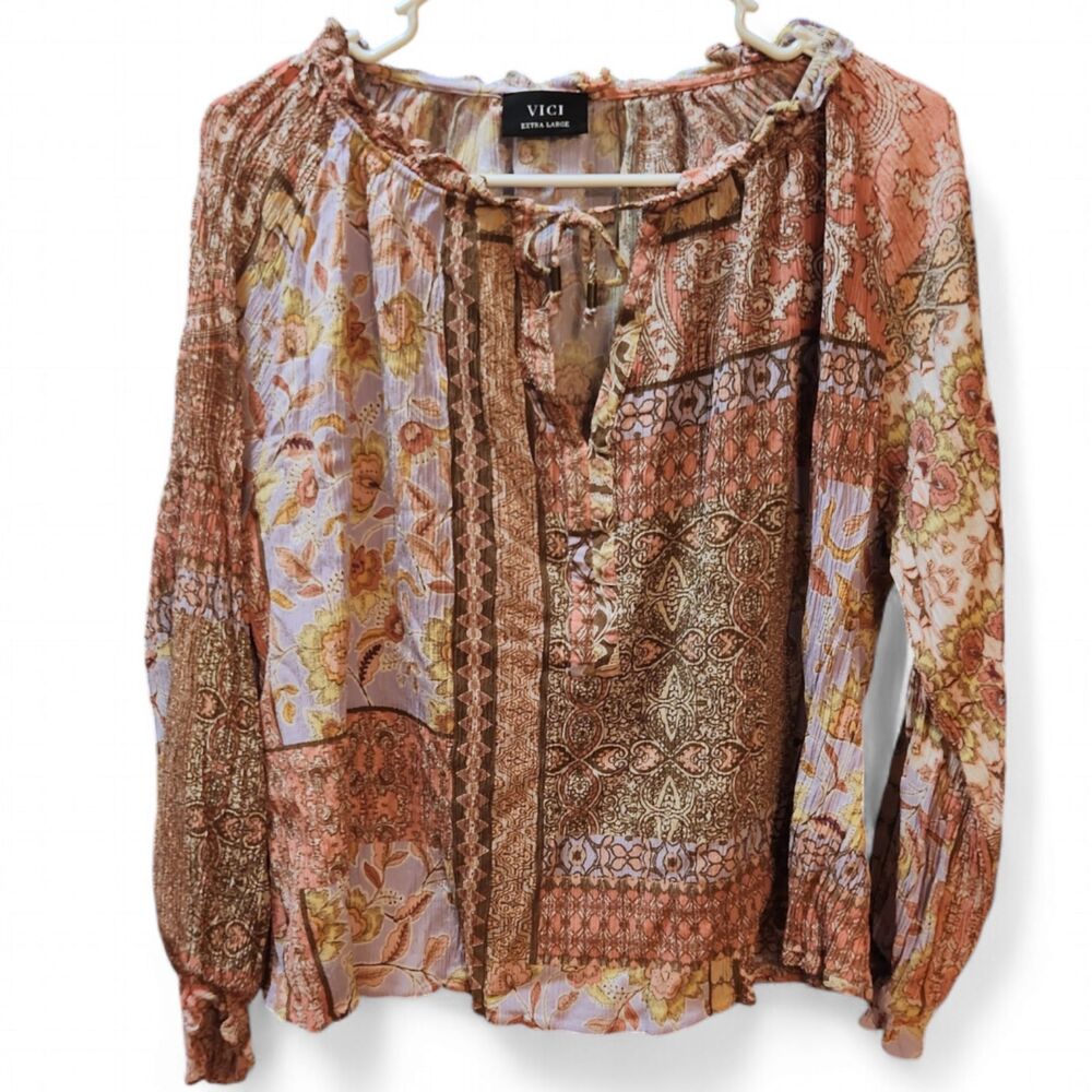 Vici Peasant Blouse Top, Women’s XL, Dusty Pink, Mauve, Patchwork, Boho, Gypsy